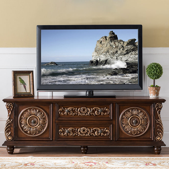 Traditional Rubberwood Media Console Matte Finish TV Media Stand with Drawers