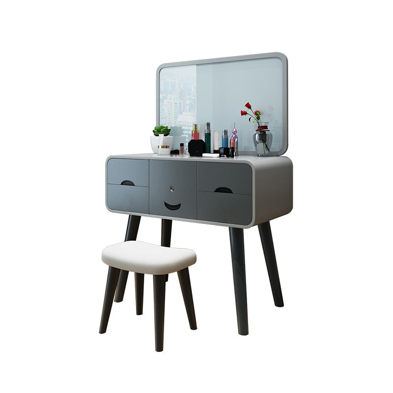 Contemporary Wood Vanity 5 Storage Drawers with Mirror & Stool