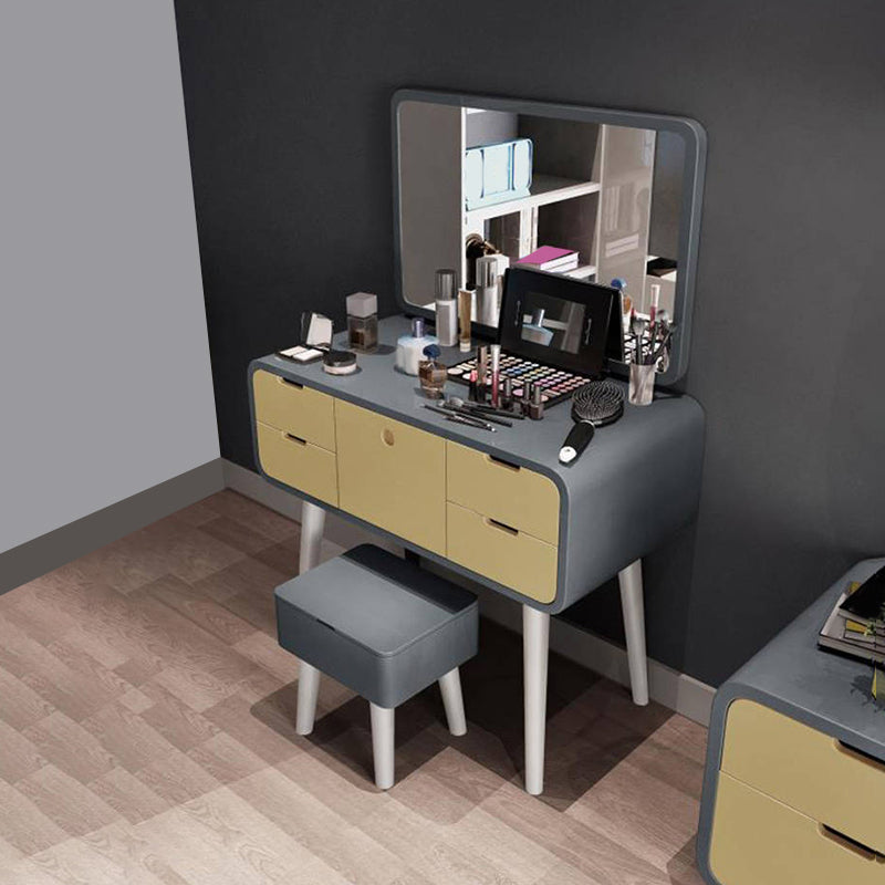 Contemporary Wood Vanity 5 Storage Drawers with Mirror & Stool