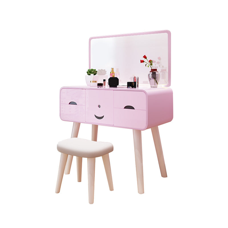 Contemporary Wood Vanity 5 Storage Drawers with Mirror & Stool