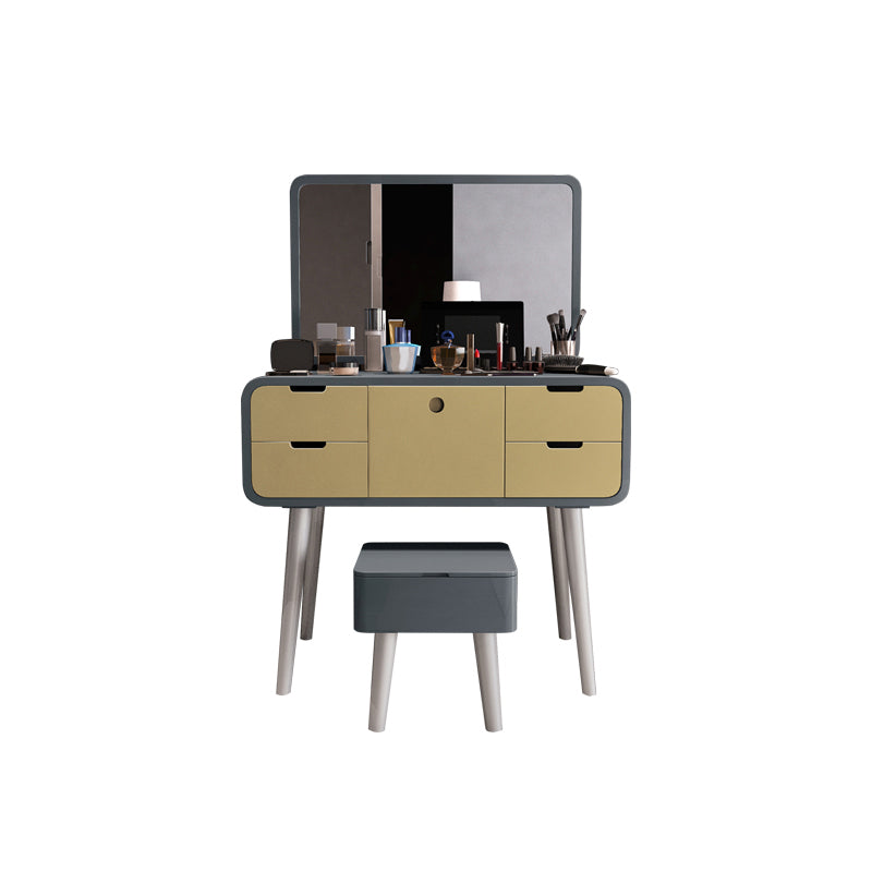 Contemporary Wood Vanity 5 Storage Drawers with Mirror & Stool