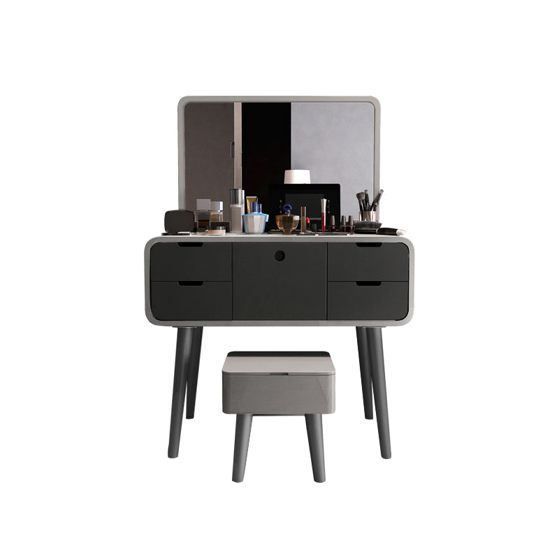 Contemporary Wood Vanity 5 Storage Drawers with Mirror & Stool