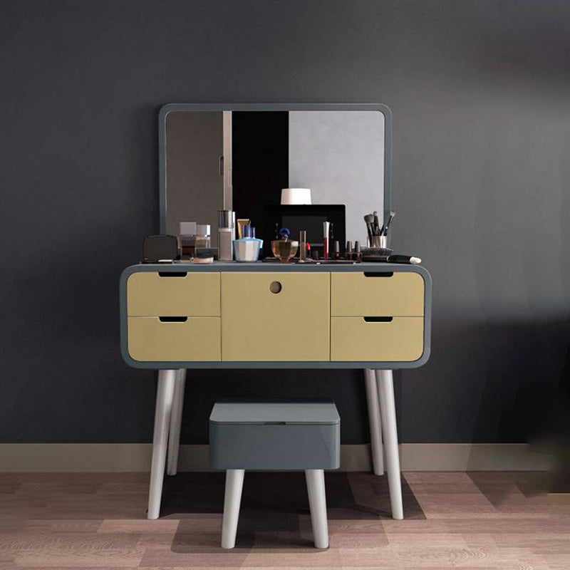 Contemporary Wood Vanity 5 Storage Drawers with Mirror & Stool