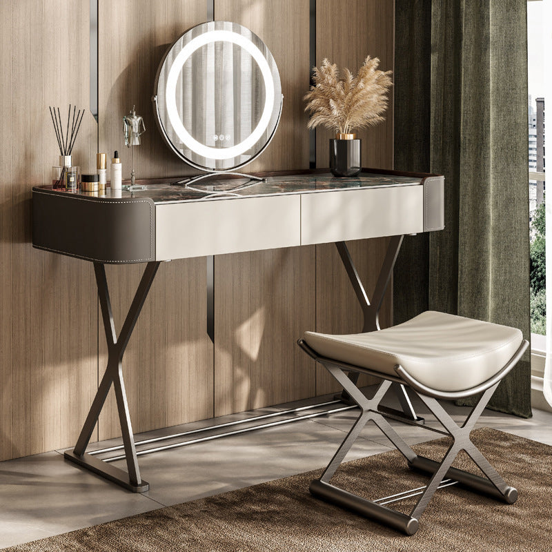 Stone and Metal with Faux Leather Accent Vanity Table, 29.5"