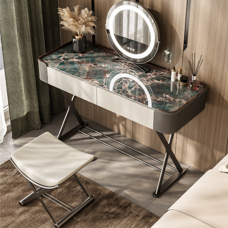 Stone and Metal with Faux Leather Accent Vanity Table, 29.5"