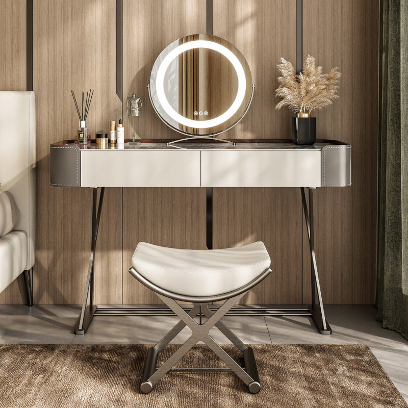 Stone and Metal with Faux Leather Accent Vanity Table, 29.5"