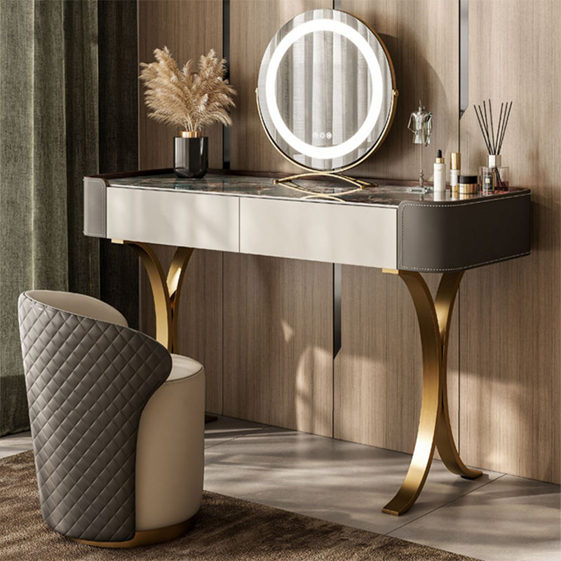 Stone and Metal with Faux Leather Accent Vanity Table, 29.5"