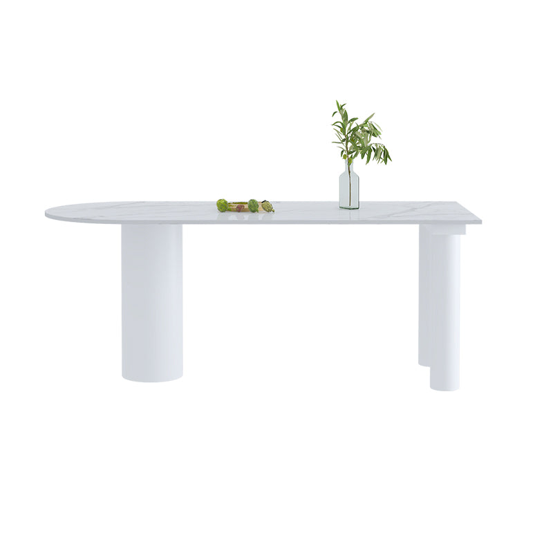 Simple Stone Top Table for Restaurant Oval Table with Three White Pedestal