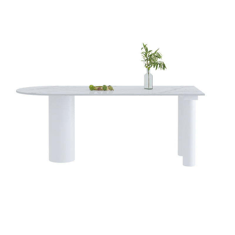 Simple Stone Top Table for Restaurant Oval Table with Three White Pedestal