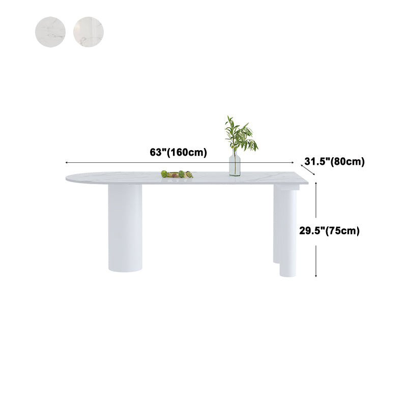 Simple Stone Top Table for Restaurant Oval Table with Three White Pedestal