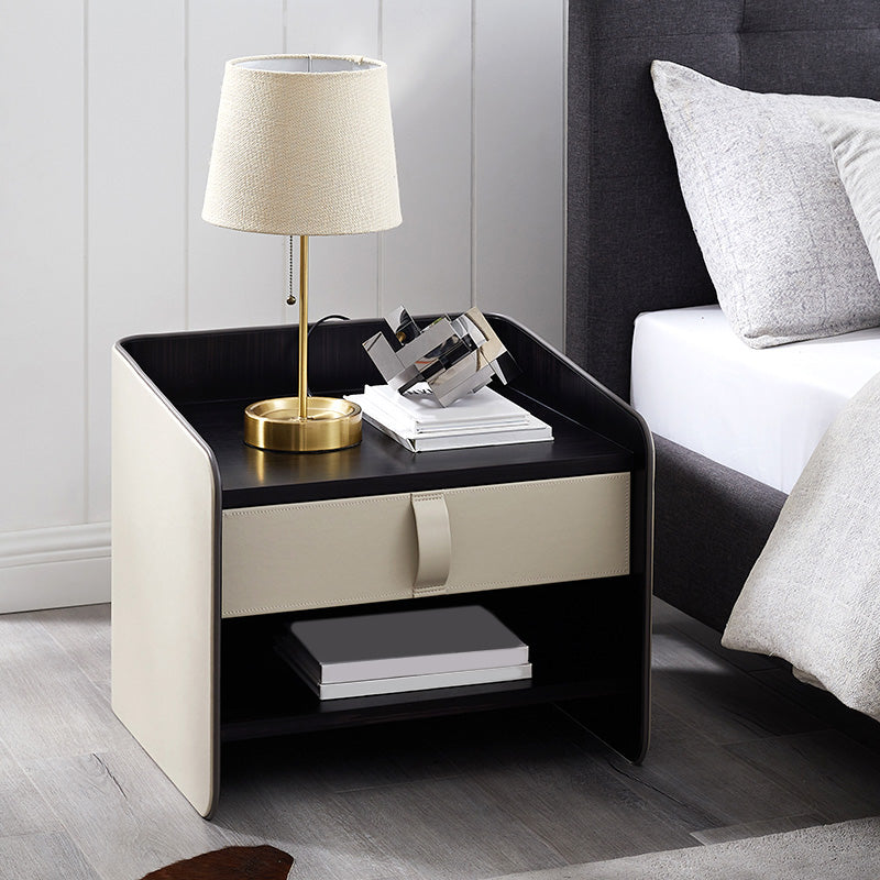 Contemporary Faux Leather Nightstand 1 - Drawer Nightstand with Wood Accents