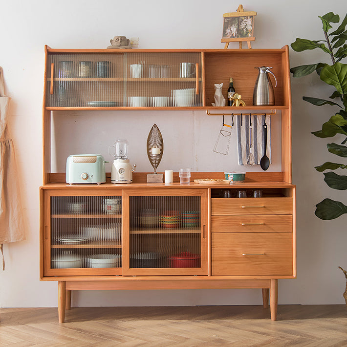 Glam Style Sideboard Glass Sliding Doors Pinewood Top Cupboard for Kitchen