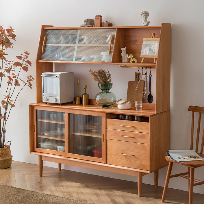 Glam Style Sideboard Glass Sliding Doors Pinewood Top Cupboard for Kitchen