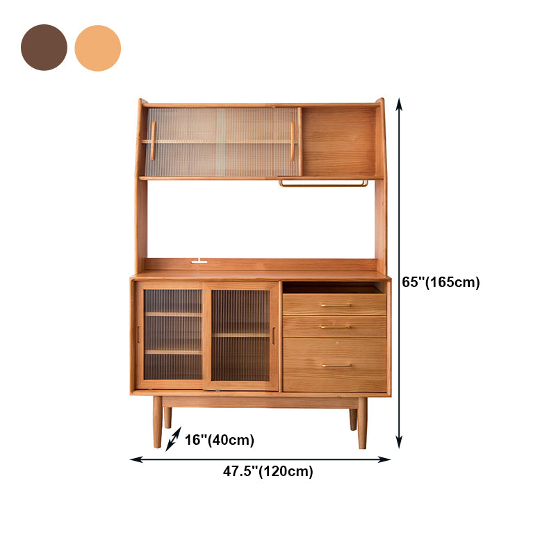 Glam Style Sideboard Glass Sliding Doors Pinewood Top Cupboard for Kitchen