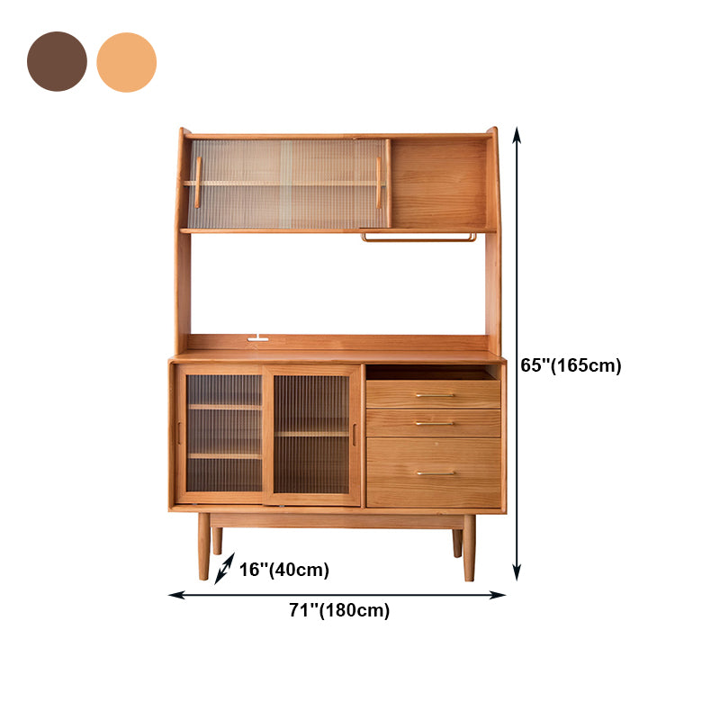 Glam Style Sideboard Glass Sliding Doors Pinewood Top Cupboard for Kitchen