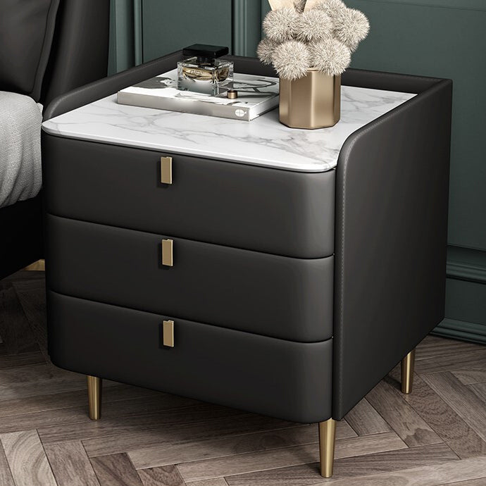 Stone Top Nightstand 3-drawer Leather Night Table with 4 Legs