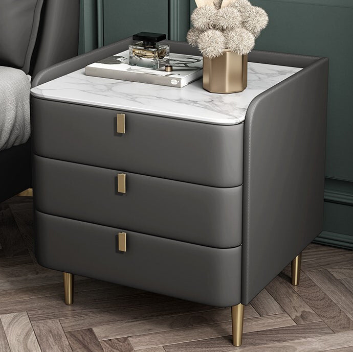 Stone Top Nightstand 3-drawer Leather Night Table with 4 Legs