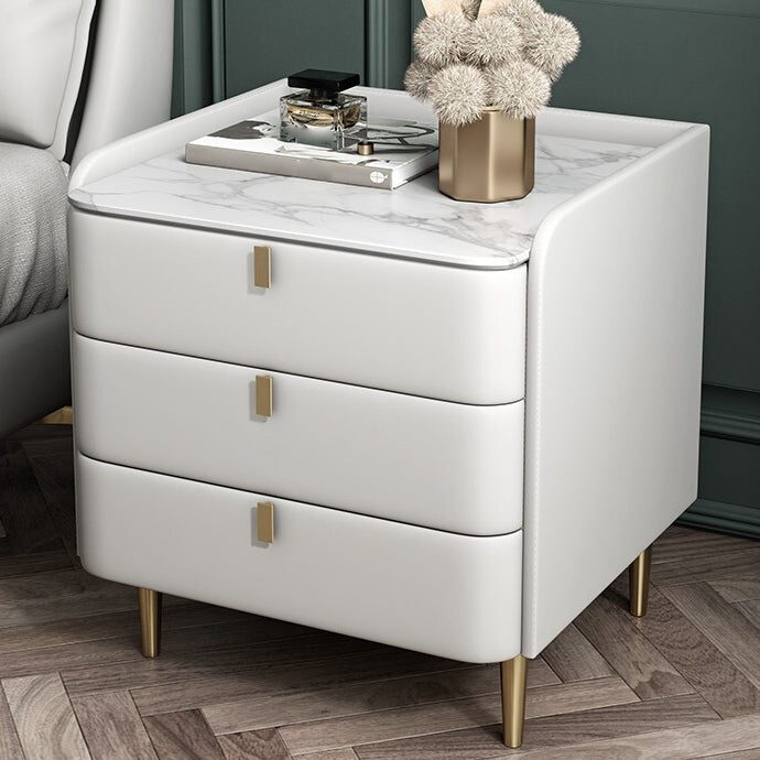 Stone Top Nightstand 3-drawer Leather Night Table with 4 Legs