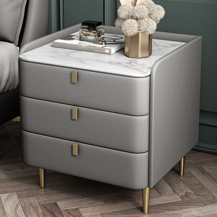 Stone Top Nightstand 3-drawer Leather Night Table with 4 Legs