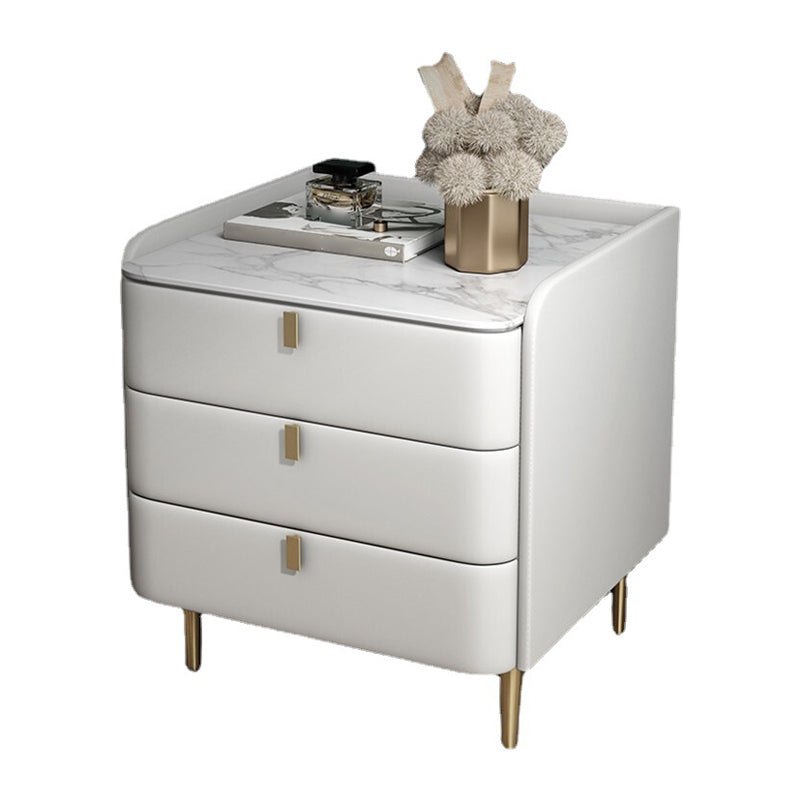 Stone Top Nightstand 3-drawer Leather Night Table with 4 Legs