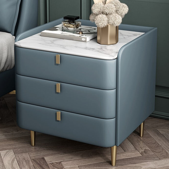 Stone Top Nightstand 3-drawer Leather Night Table with 4 Legs