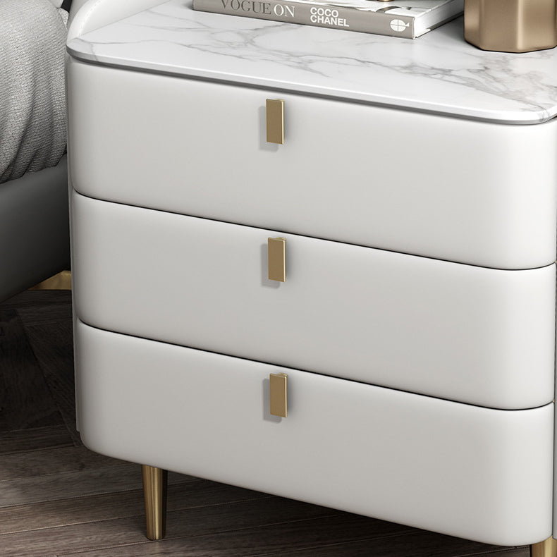 Stone Top Nightstand 3-drawer Leather Night Table with 4 Legs