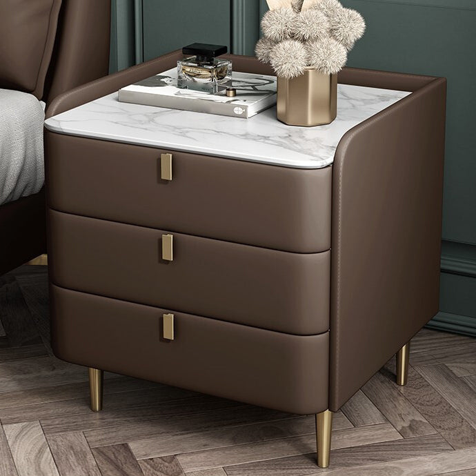 Stone Top Nightstand 3-drawer Leather Night Table with 4 Legs