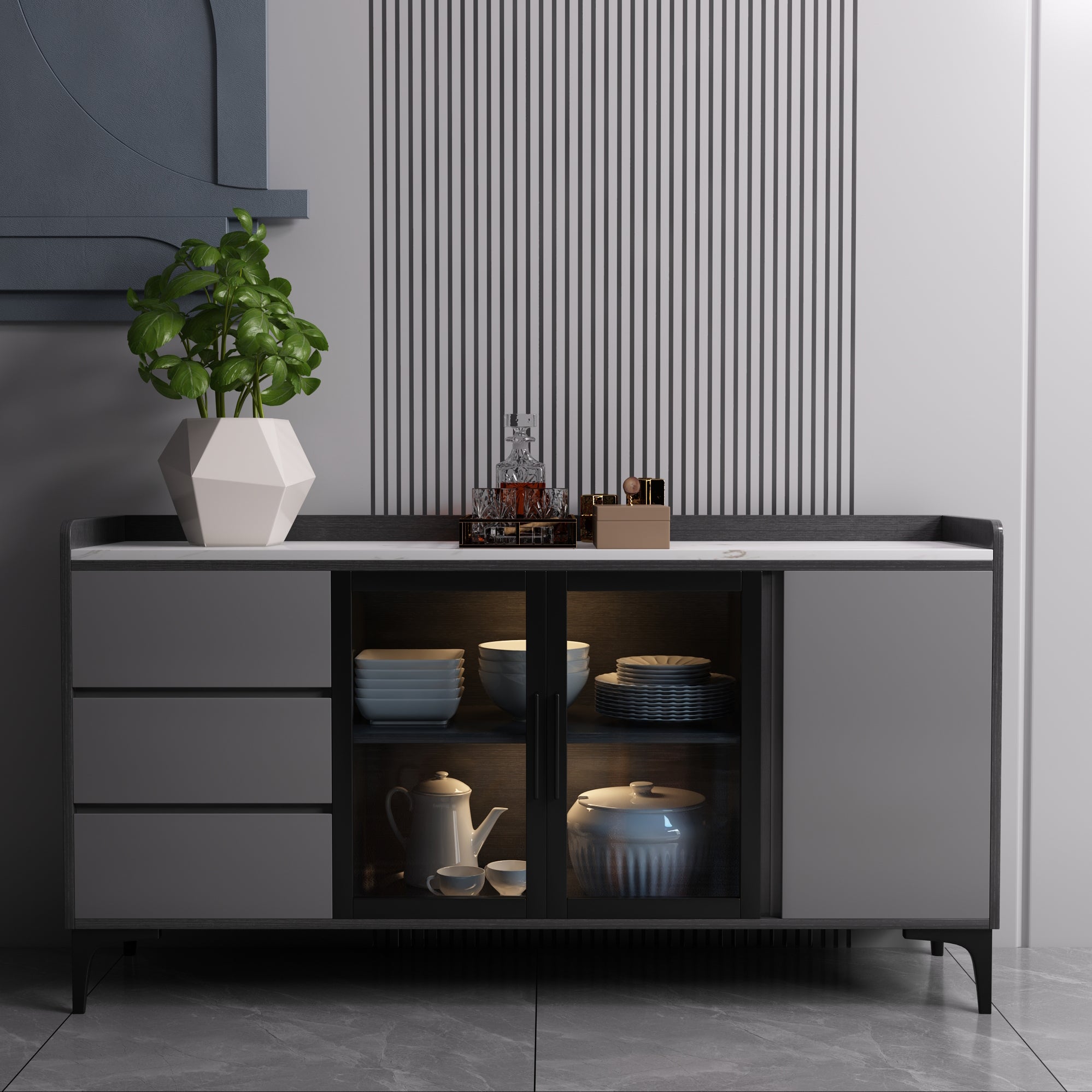 33.46"H Sideboard Modern Style Dining Server with 3 Drawers for Kitchen and Dining Room