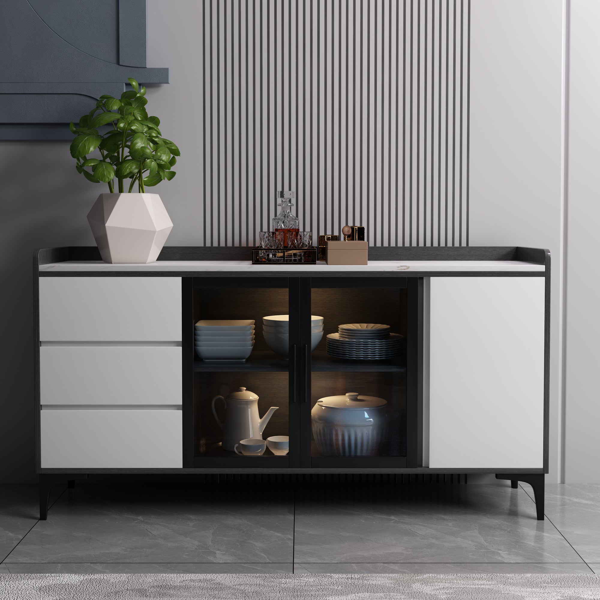 33.46"H Sideboard Modern Style Dining Server with 3 Drawers for Kitchen and Dining Room