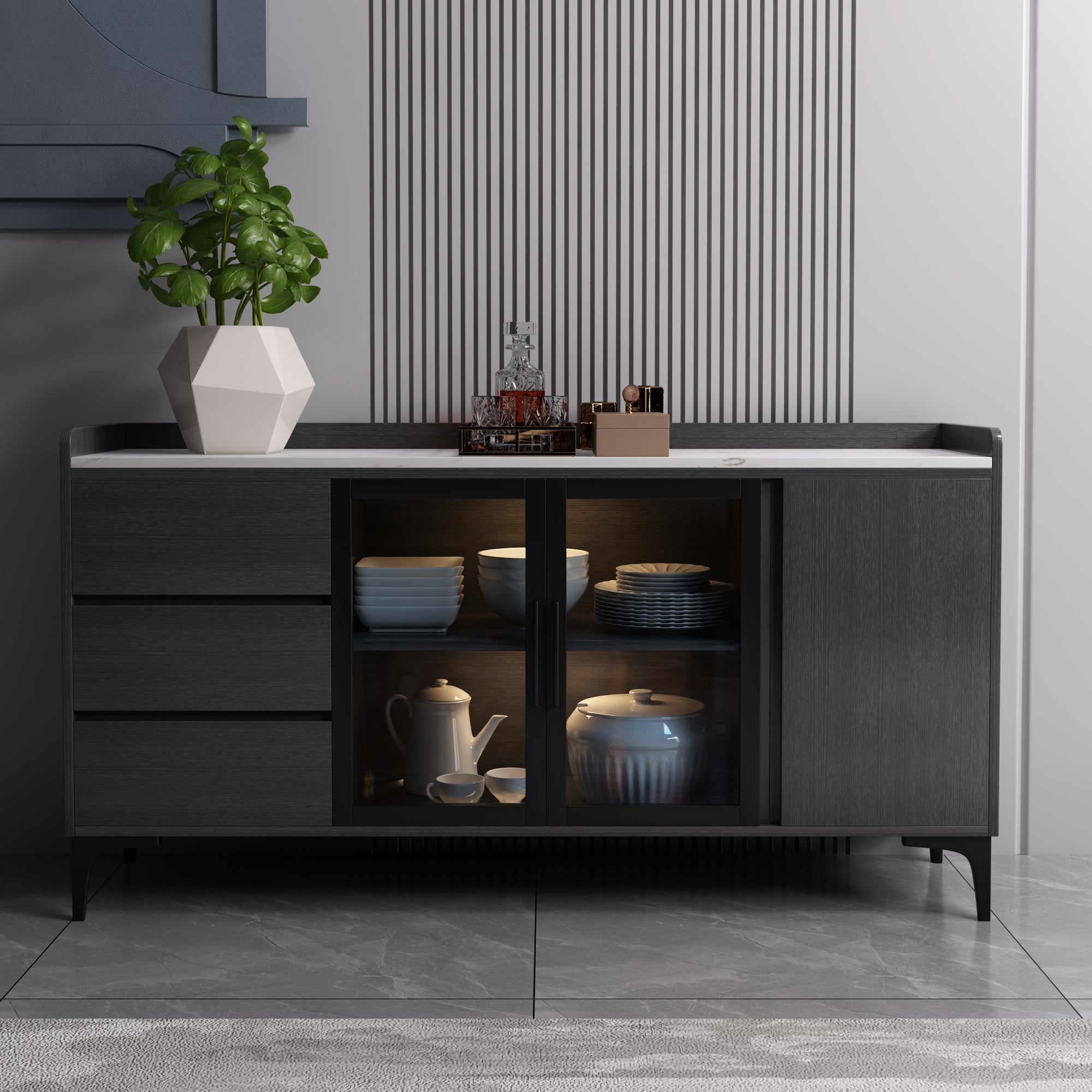 33.46"H Sideboard Modern Style Dining Server with 3 Drawers for Kitchen and Dining Room