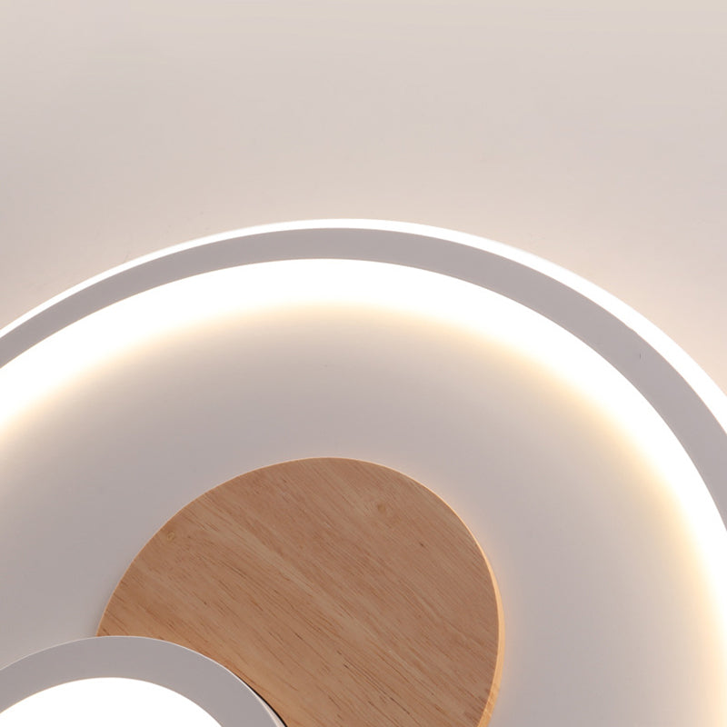 White Round Flush Light Modern Wood LED Ceiling Light Fixture for Bedroom