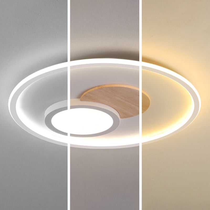 White Round Flush Light Modern Wood LED Ceiling Light Fixture for Bedroom