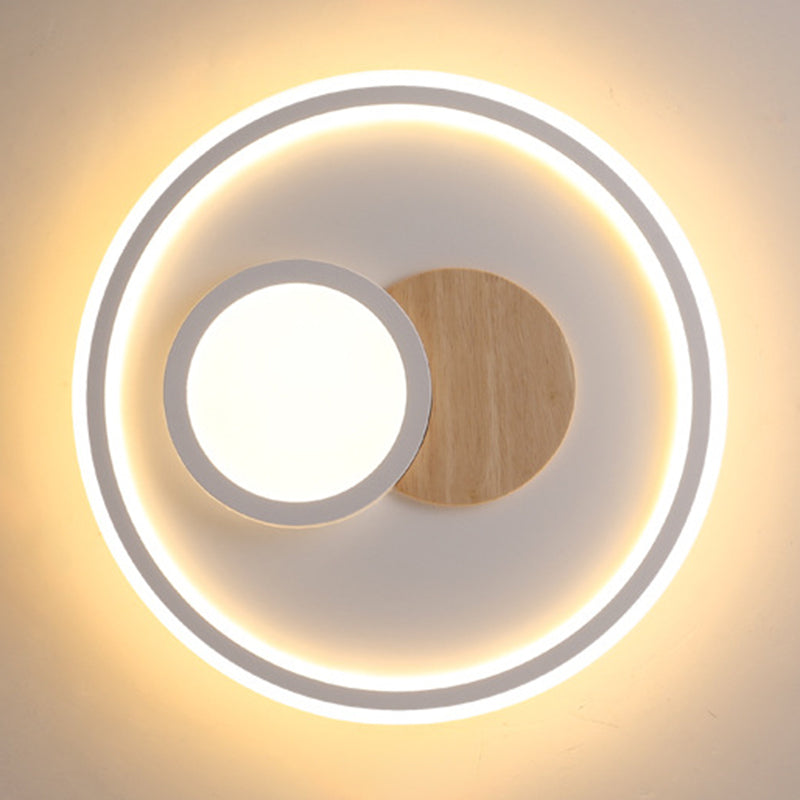 White Round Flush Light Modern Wood LED Ceiling Light Fixture for Bedroom