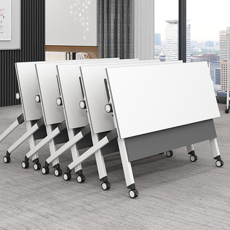 Modern Office Desk with Wheels White Manufactured Wood Rectangular Desk