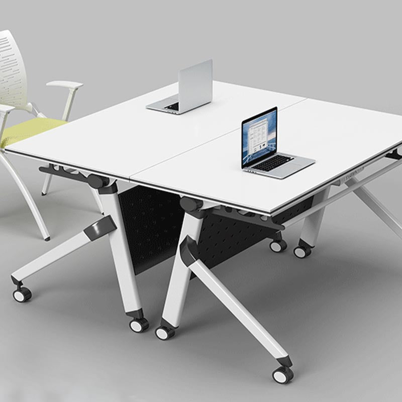 Modern Office Desk with Wheels White Manufactured Wood Rectangular Desk