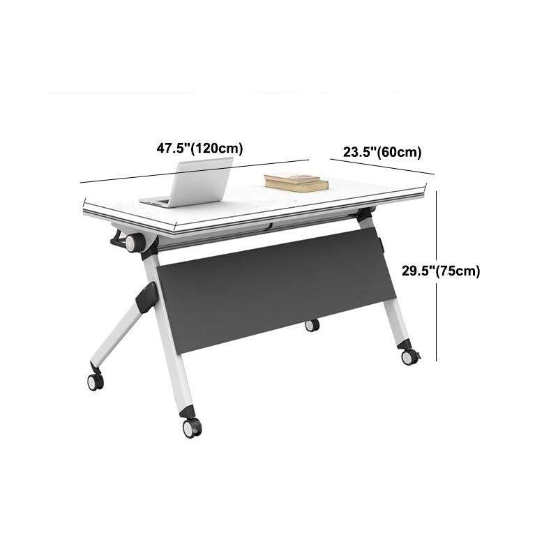 Modern Office Desk with Wheels White Manufactured Wood Rectangular Desk