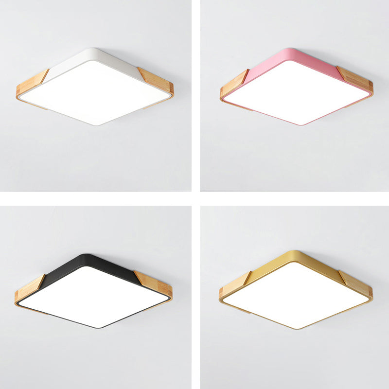 Nordic Rectangle Ceiling Light Colorful Metal LED Flush Mount Light with Wood for Bedroom