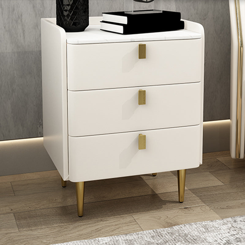 Faux Leather Nightstand Modern 3 - Drawer Nightstand with Stone Top