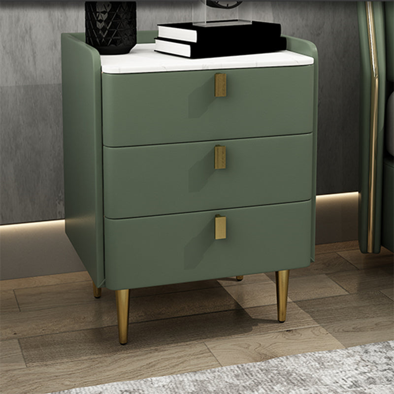 Faux Leather Nightstand Modern 3 - Drawer Nightstand with Stone Top
