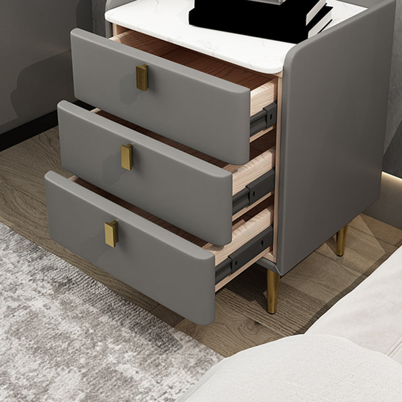 Faux Leather Nightstand Modern 3 - Drawer Nightstand with Stone Top