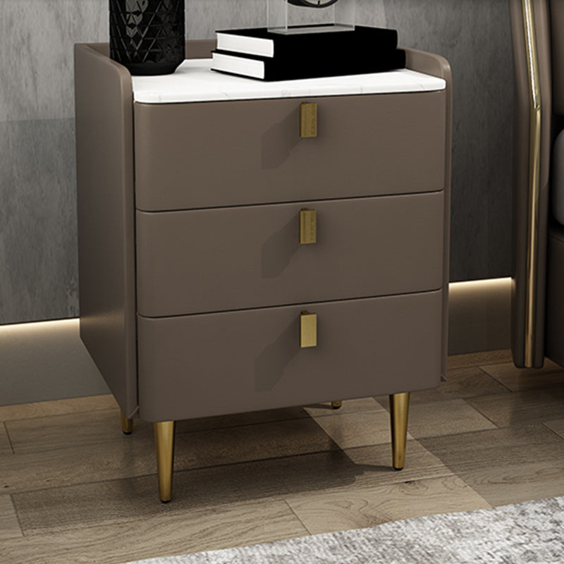 Faux Leather Nightstand Modern 3 - Drawer Nightstand with Stone Top