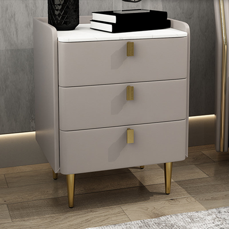 Faux Leather Nightstand Modern 3 - Drawer Nightstand with Stone Top