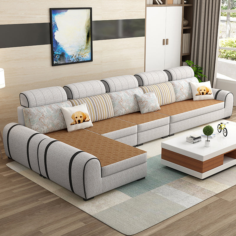 Contemporary Ivory L-Shape Velvet Sectional with Slipcovered for Living Room