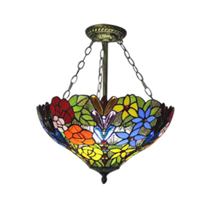 Pendentif multicolore avec une fleur / motif rose Tiffany Style Rustic Glass Plafond Pendant pour salle à manger