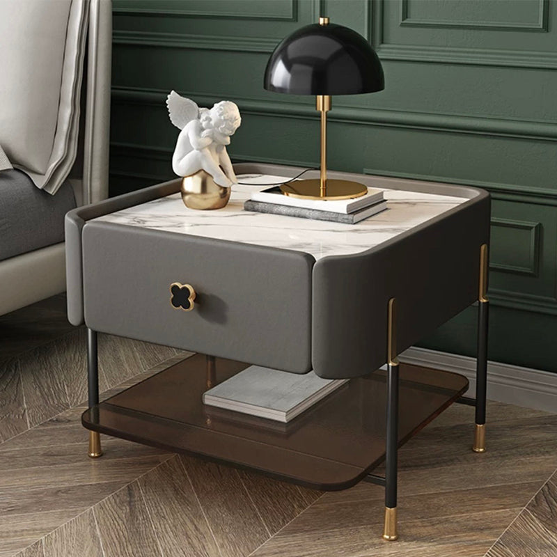 Modern Style with 1 Drawer 1 Storage Rack Leather Black Leg and Nightstand