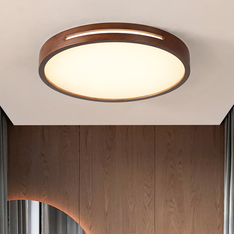 Japanese Style Round Ceiling Light Brown Wood LED Flush Mount Light for Living Room