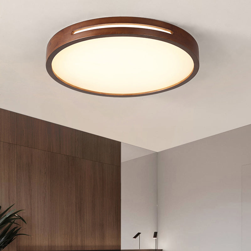 Japanese Style Round Ceiling Light Brown Wood LED Flush Mount Light for Living Room