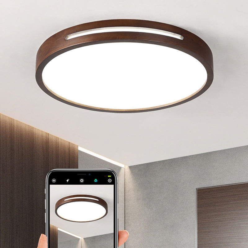 Japanese Style Round Ceiling Light Brown Wood LED Flush Mount Light for Living Room