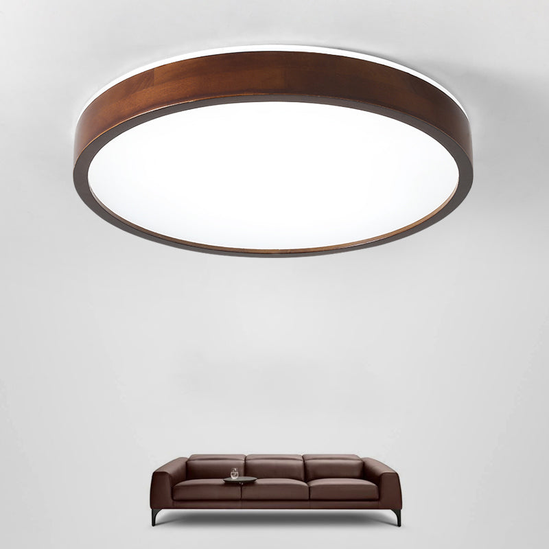 Japanese Round Ceiling Light Brown Wood LED Flush Mount Light for Living Room