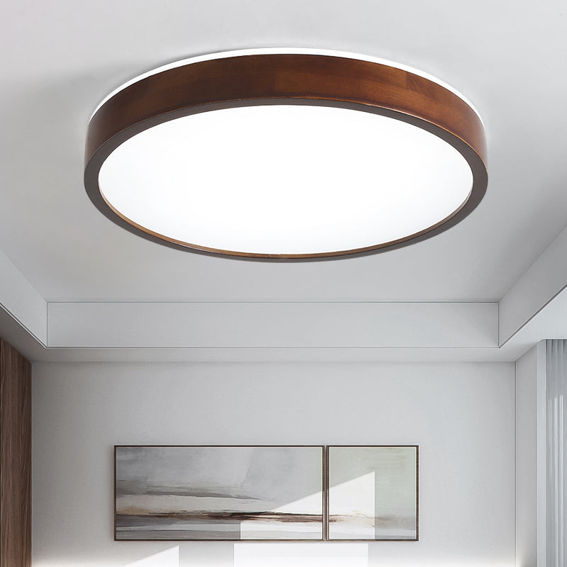 Japanese Round Ceiling Light Brown Wood LED Flush Mount Light for Living Room